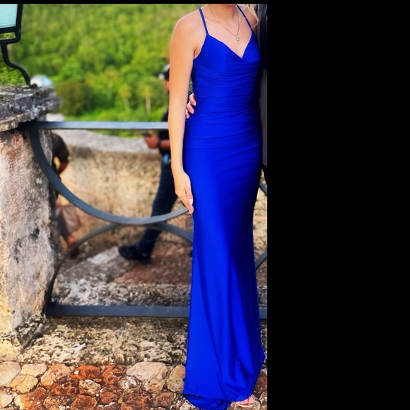 La Femme Strappy Back Ruched Trumpet Gown - Picture 2 of 3